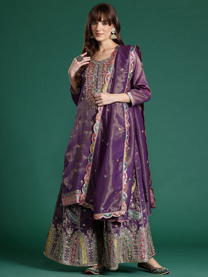 Ethnic Motifs Embroidered Sequinned Kurta with Palazzos & Dupatta
