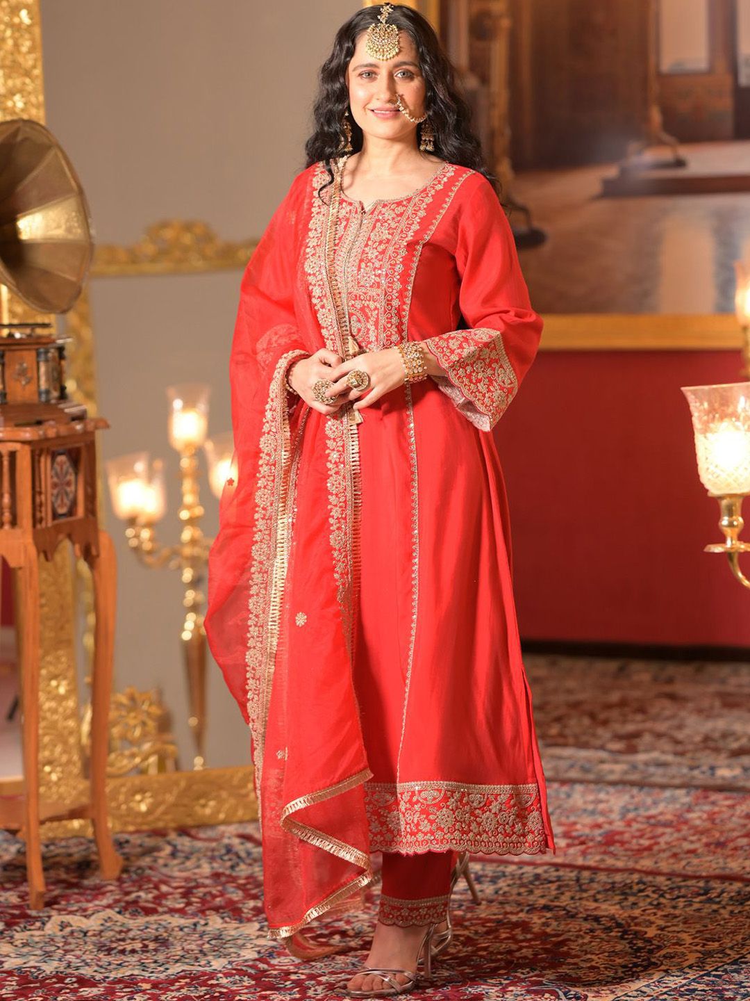Ethnic Motifs Embroidered Zari A-Line Kurta With Trousers & Dupatta