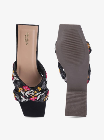Dhiyona AK Black & Pink Embroidered Open Toe Flats