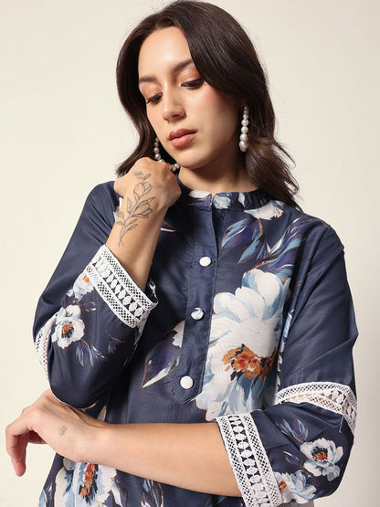 Dhiyona IS Women's Floral Printed Mandarin Collar Straight Kurta With Trousers