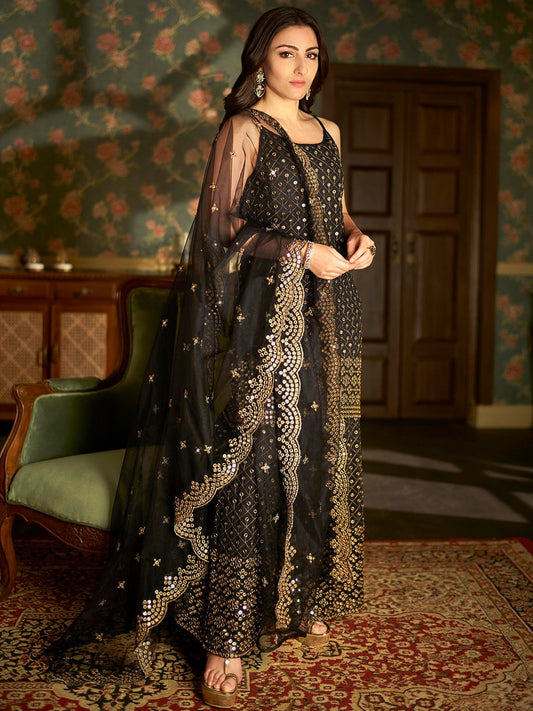 Dhiyona PD Women Women Black Mirror Work Jashn Kurta with Palazzos & Dupatta