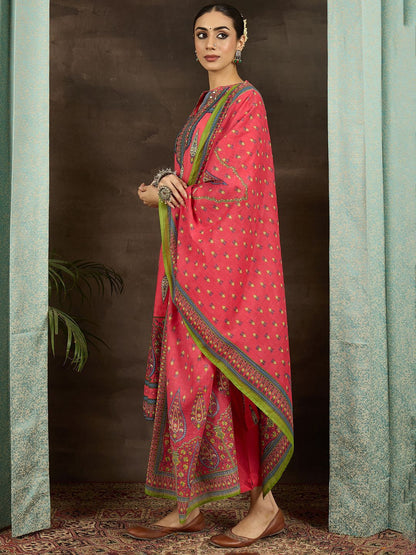 Ethnic Motifs Printed Pure Cotton Straight Kurta With Trousers & Dupatta