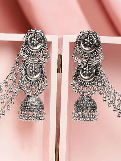 Dhiyona RJ Women's Oxidised Silver Plated Ghumroo Beaded Dome Jhumka with Triple Layer Hair Chain