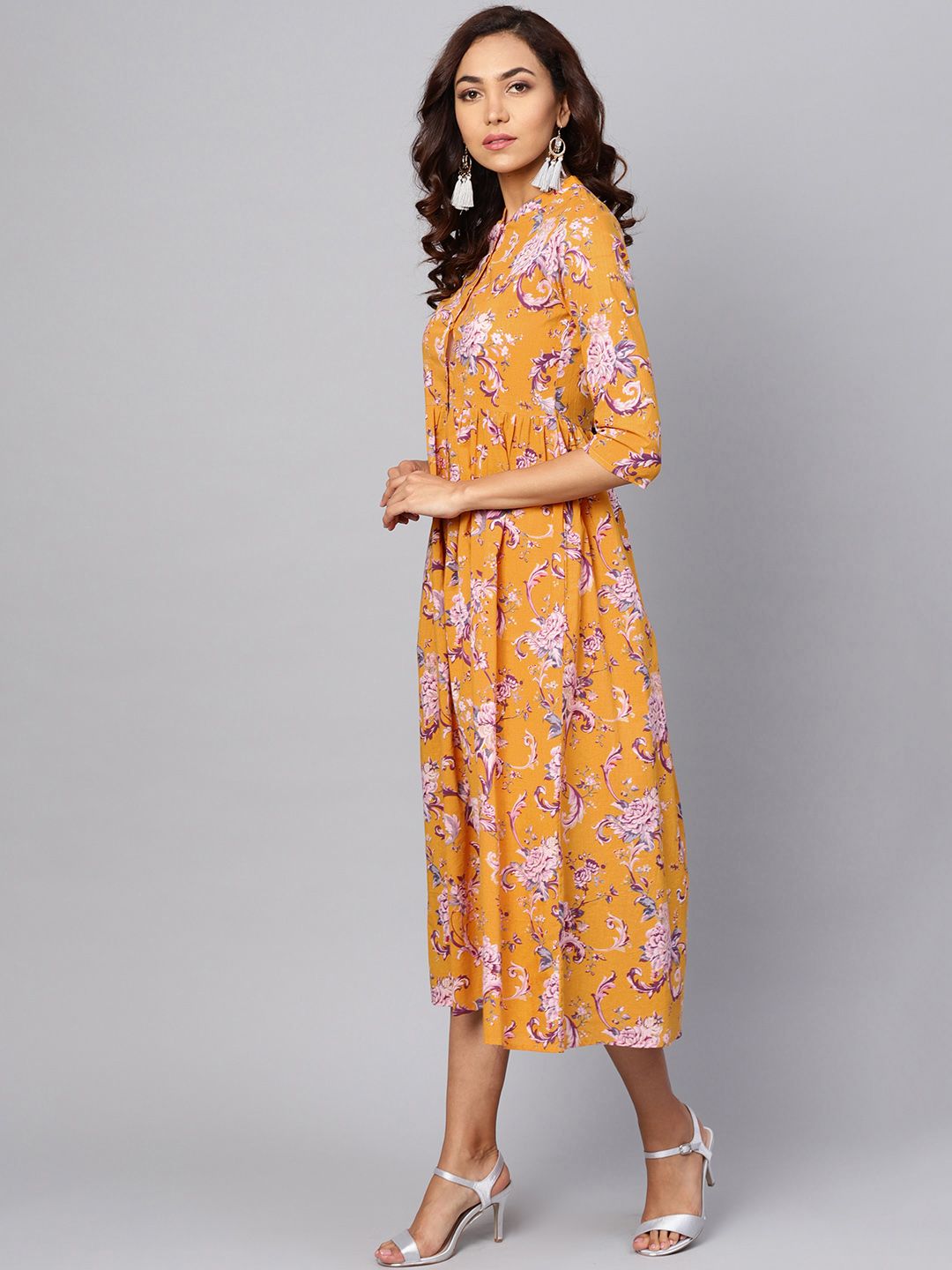 Dhiyona AY Women's Yellow Printed Fit and Flare Dress