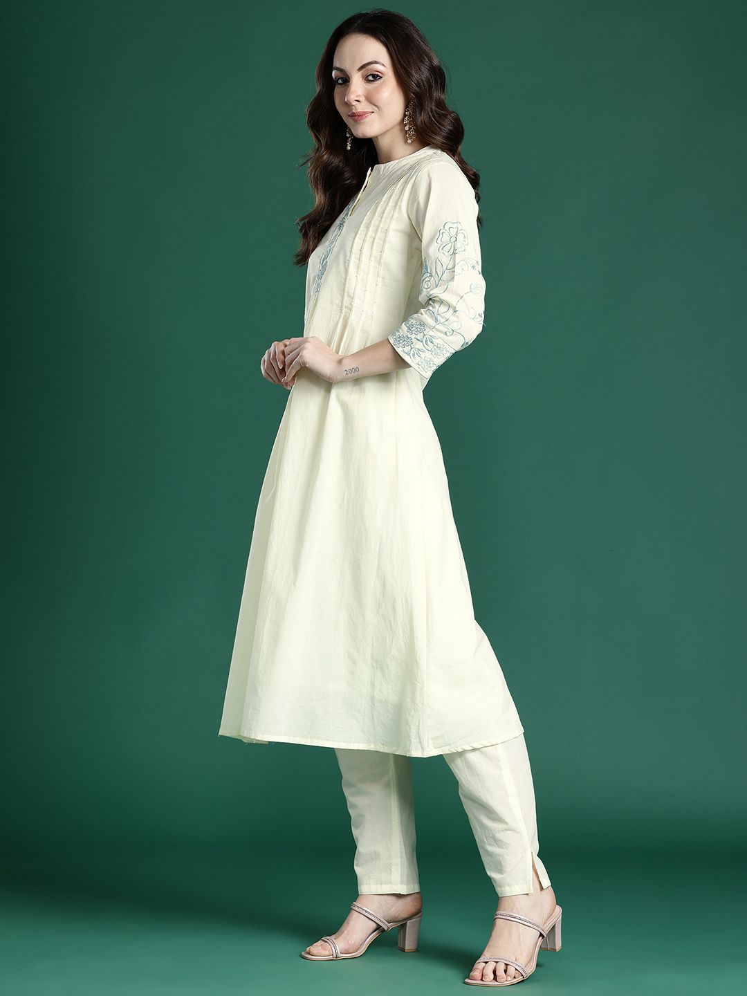 Floral Embroidered Pure Cotton Kurta with Trousers & Dupatta