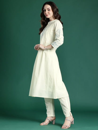 Floral Embroidered Pure Cotton Kurta with Trousers & Dupatta