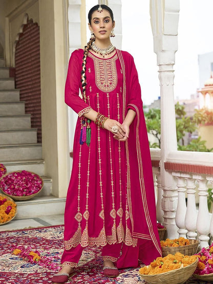 Dhiyona CH Women Woven Design Embroidered A-Line Kurta with Trousers & Dupatta