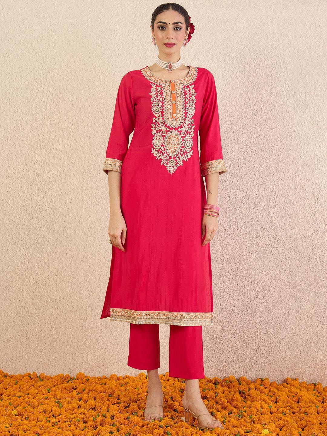 Ethnic Motifs Embroidered Sequinned Straight Kurta With Trousers & Dupatta