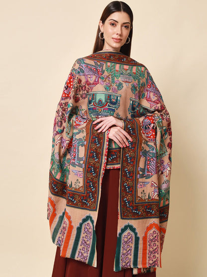 Dhiyona PA Women Beige Embroidered Pure Wool Shawl