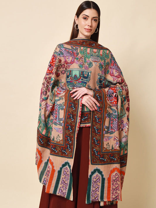 Dhiyona PA Women Beige Embroidered Pure Wool Shawl