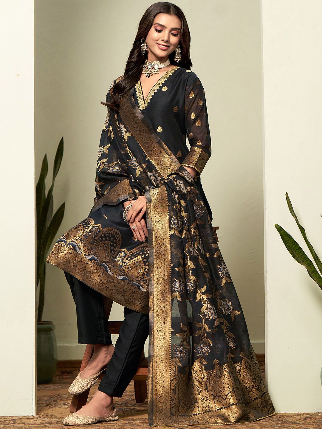 Dhiyona SN Women's Woven-Designed Straight Kurta With Trouser & Dupatta Set
