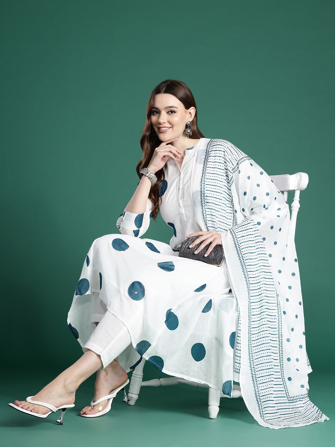 Dhiyona IE Printed Panelled Sequinned Pure Cotton Kurta with Trousers & With Dupatta