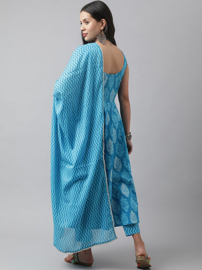 Dhiyona KL Floral Printed Sequinned Sleeveless Pure Cotton Kurta With Trousers & Dupatta