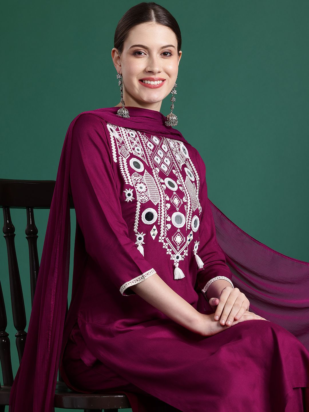Dhiyona IE Embroidered Mirror Work Kurta With Trousers & Dupatta
