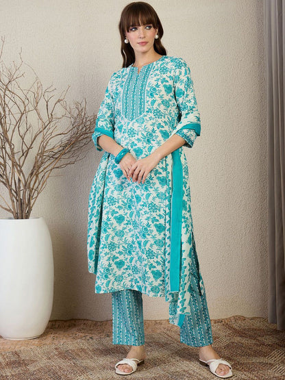 Floral Printed Straight Kurta With Trousers & Dupatta