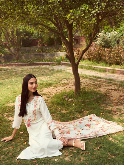 Dhiyona IE Ethnic Motifs Embroidered Tie-Up Neck Straight Kurta with Trousers & Dupatta