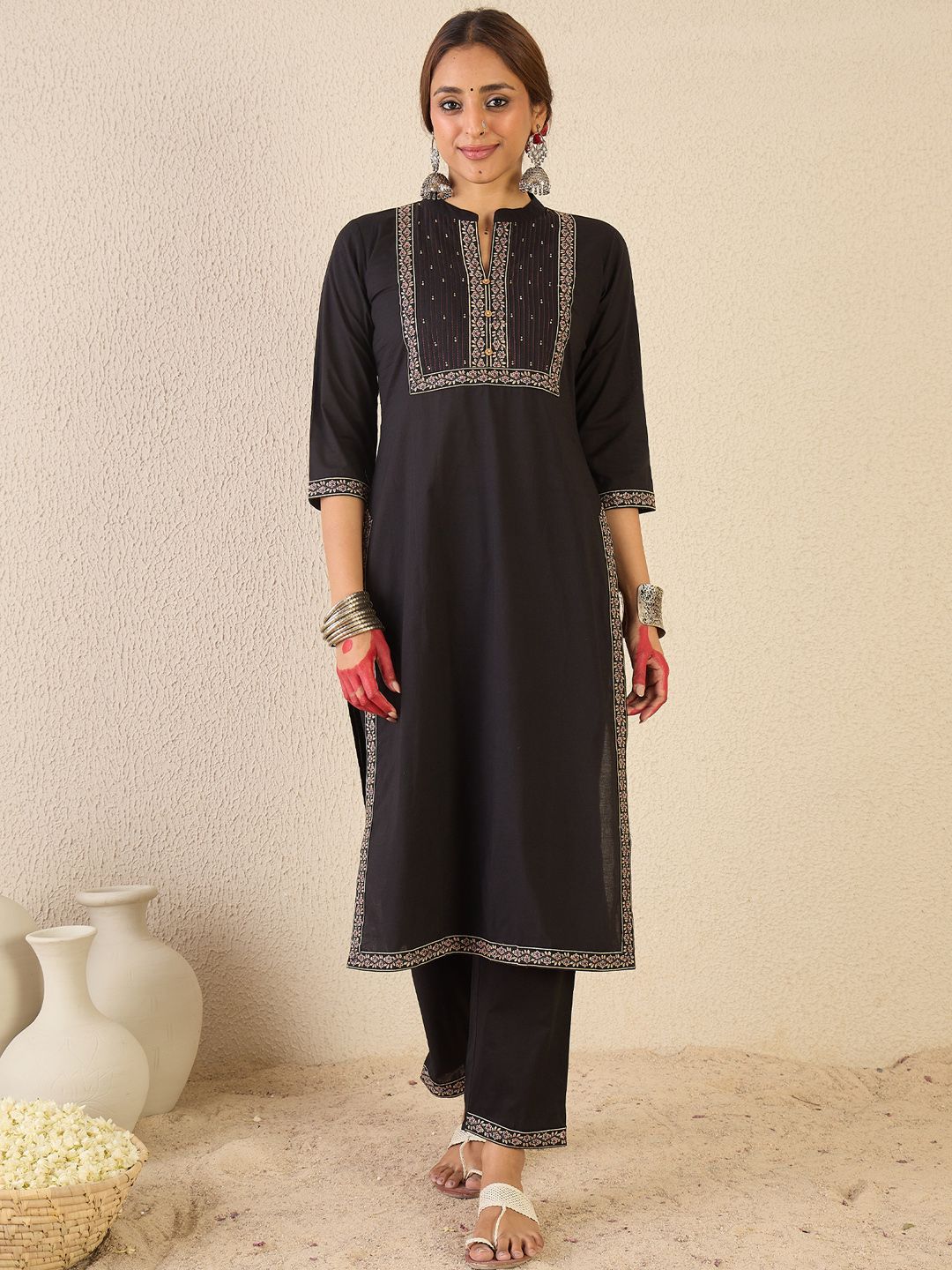 Dhiyona IE Women Ethnic Motifs Printed Mirror Work Pure Cotton Kurta with Trousers & Dupatta