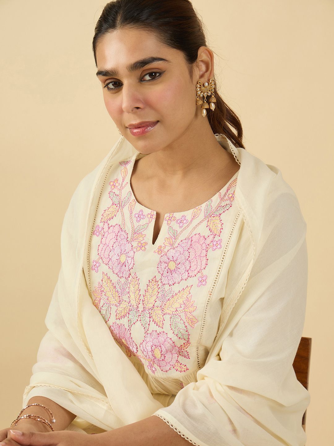 Floral Embroidered Notch Neck Pure Cotton A-Line Kurta & Trousers With Dupatta