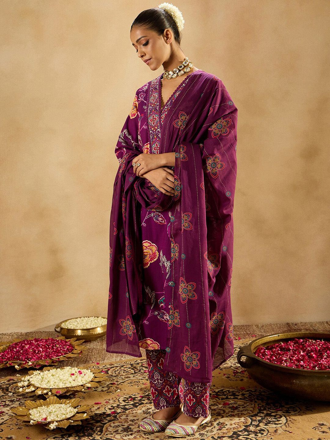 Dhiyona IE Burgundy Floral Printed V-Neck Sequinned Pure Cotton Straight Kurta Set