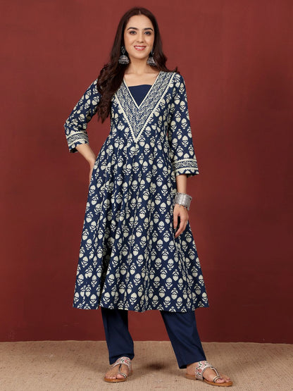 Dhiyona VA Women'sFloral Printed V-Neck Gotta Patti Pure Cotton A-Line Kurta With Trousers & Dupatta