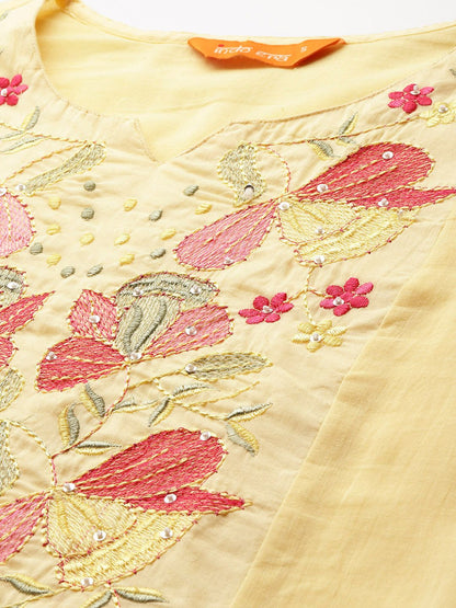 Floral Embroidered Pure Cotton Kurta with Trousers & Dupatta