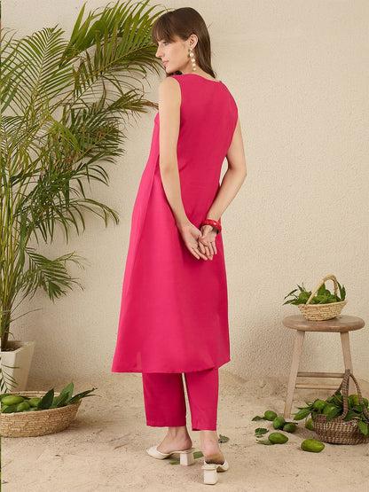 Pink Solid A-Line Kurta Trousers Set