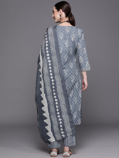 Dhiyona IE Women Floral Printed Regular Sequinned Pure Cotton Kurta with Trousers & With Dupatta