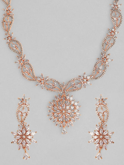 Dhiyona RJ Women's Rose Gold-Plated & White Cubic-Zirconia Studded Handcrafted Jewellery Set