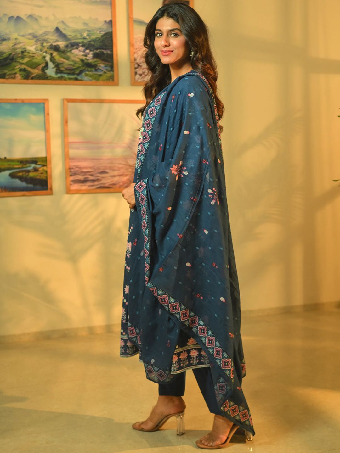 Dhiyona IE Floral Printed Beads & Stones Pure Cotton A-Line Kurta With Trousers & Dupatta