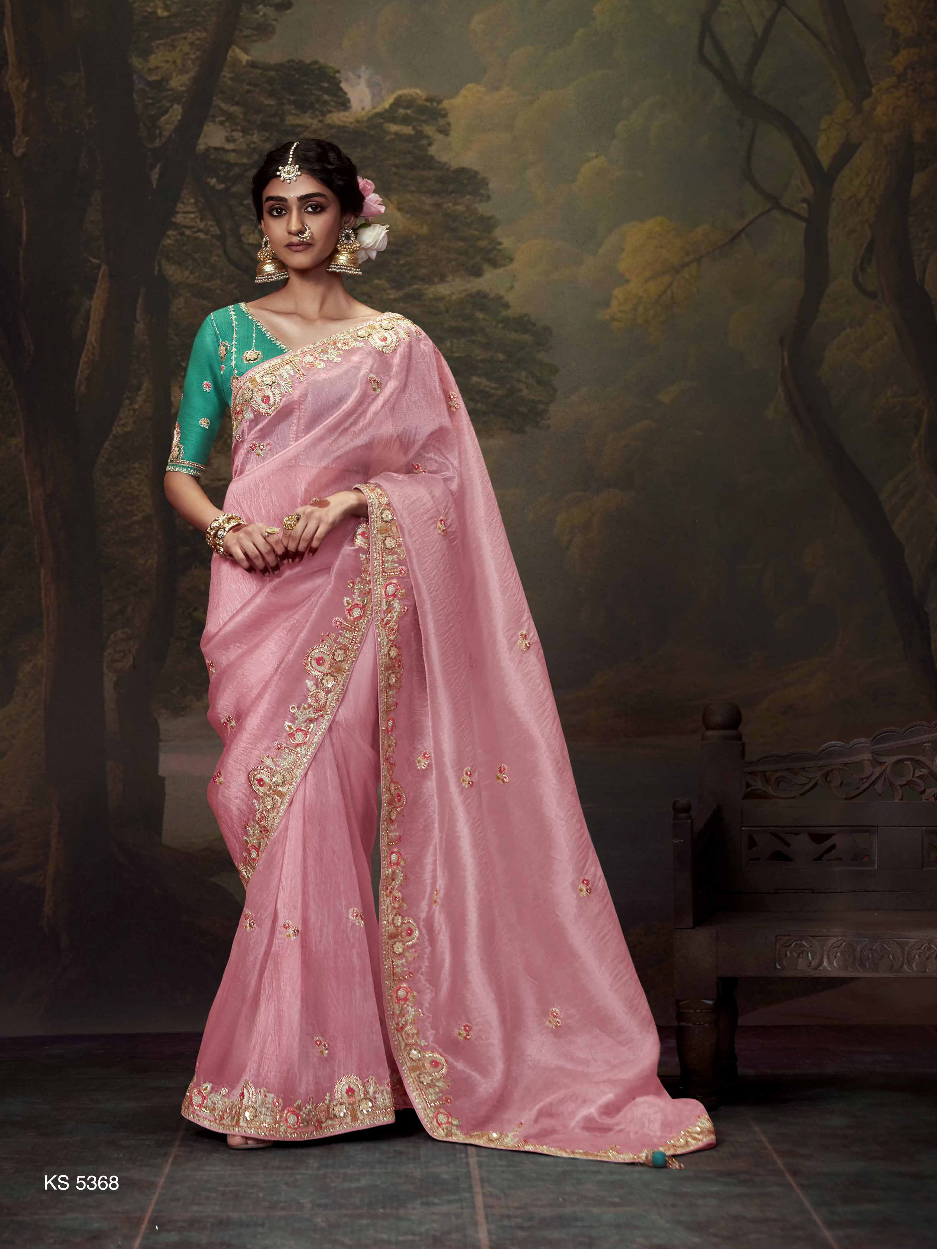 Dhiyona KM Women Elegant Light Pink Organza Saree With Embroidered Border
