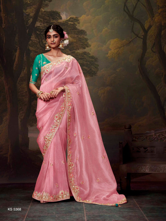 Dhiyona KM Women Elegant Light Pink Organza Saree With Embroidered Border