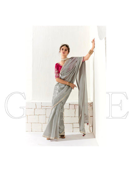 Dhiyona KM Women Elegant Grey Silk Organza Saree With Red Blouse “ Inspired By Shadows & Fire