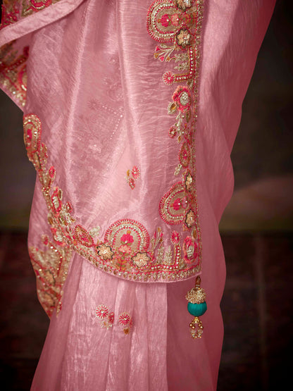 Dhiyona KM Women Elegant Light Pink Organza Saree With Embroidered Border