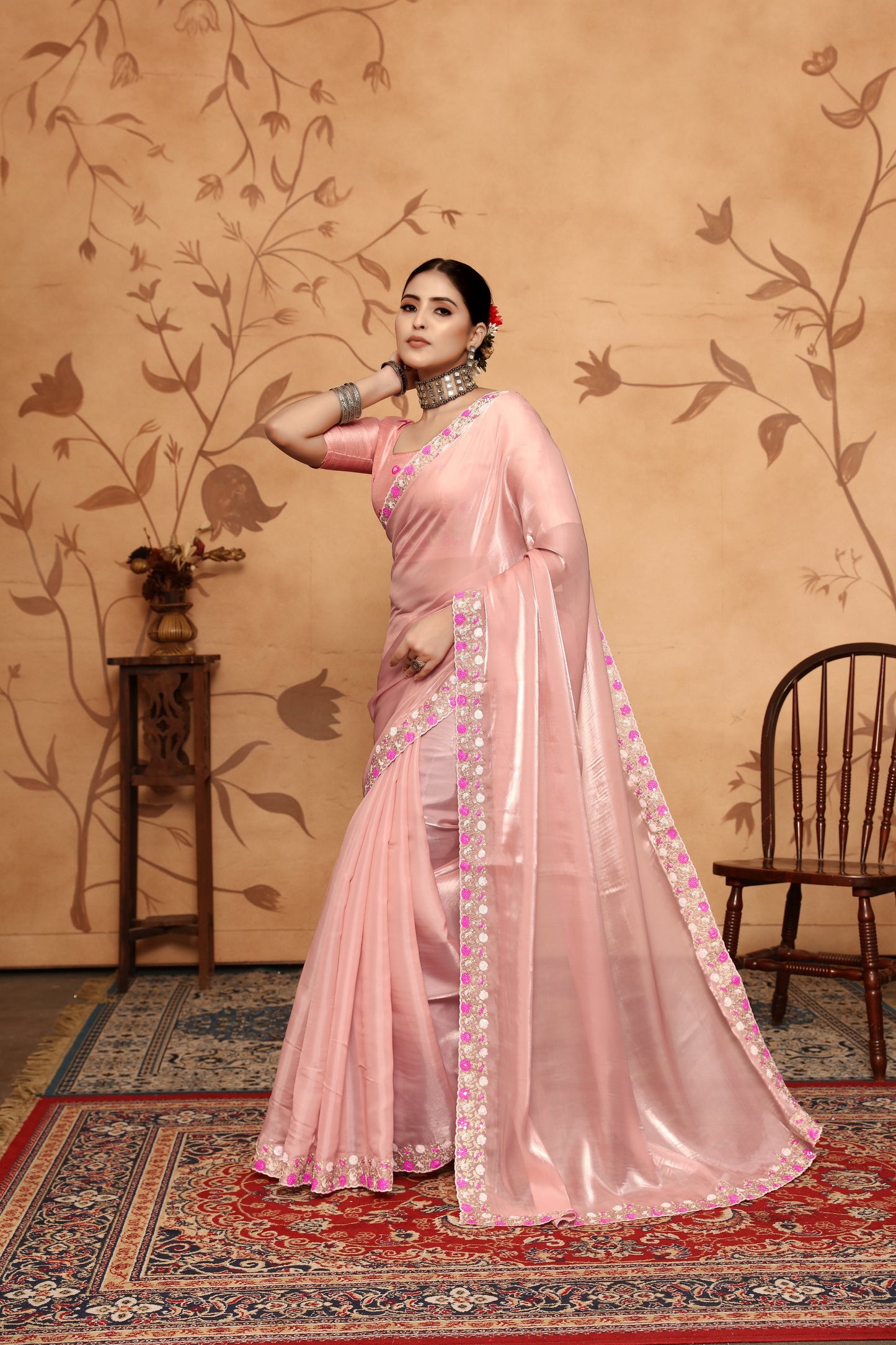 Dhiyona GR Women's Armani Pink Jimmi Choo Embroidered Saree