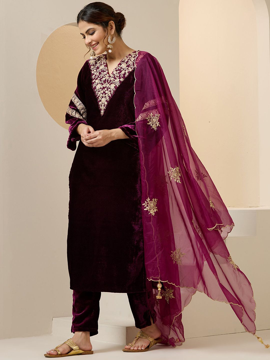 Dhiyona IS Women's Women Ethnic Motifs Embroidered Regular Beads and Stones Velvet Kurta with Trousers & With Dupatta