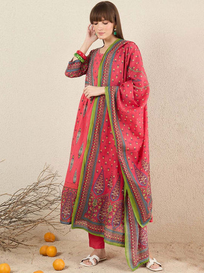 Women Ethnic Motifs Printed Cotton Kurta with Trousers & Dupatta