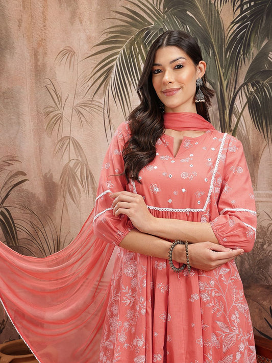 Dhiyona SN Women's Floral Printed Pleated Pure Cotton Kurta with Trousers & Dupatta