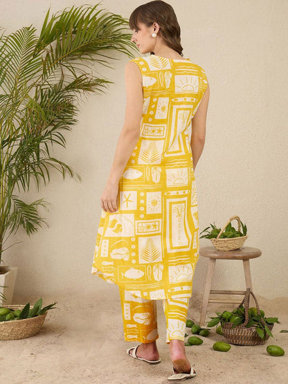 Dhiyona IE Women Ethnic Motifs Printed Pleated Pure Cotton Kurta with Trousers