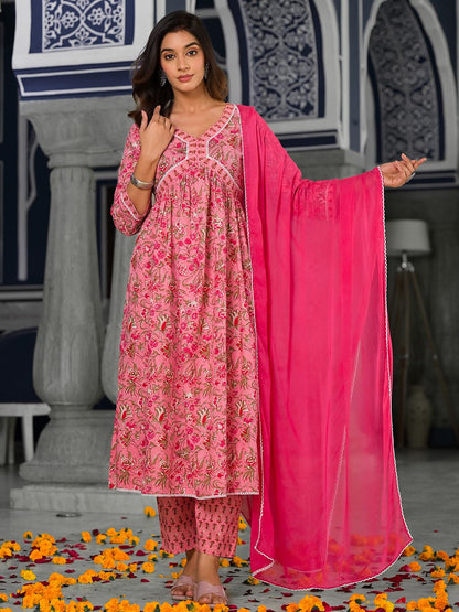 Dhiyona VA Women's Floral Printed Pleated Pure Cotton Kurta with Trousers & With Dupatta