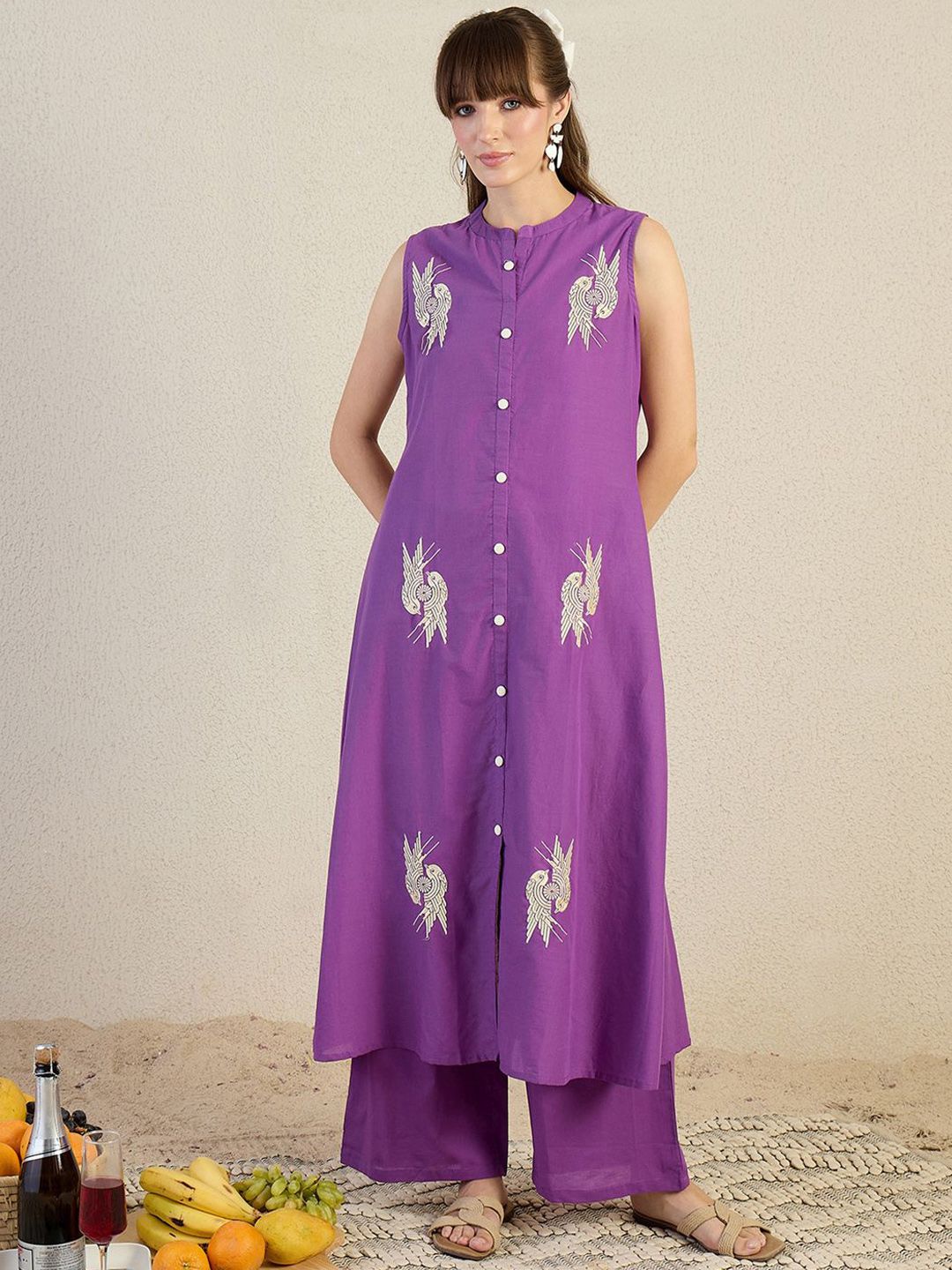 Dhiyona IE Embroidered Mandarin Collar Top With Palazzos Co-Ords