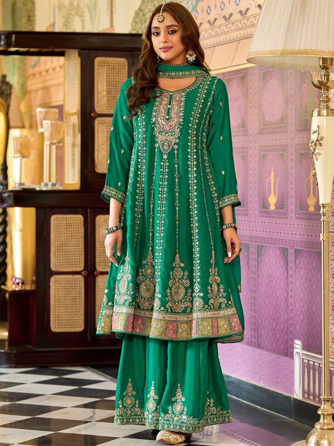 Floral Embroidered Mirror Work Round Neck Anarkali Kurta With Palazzos & Dupatta
