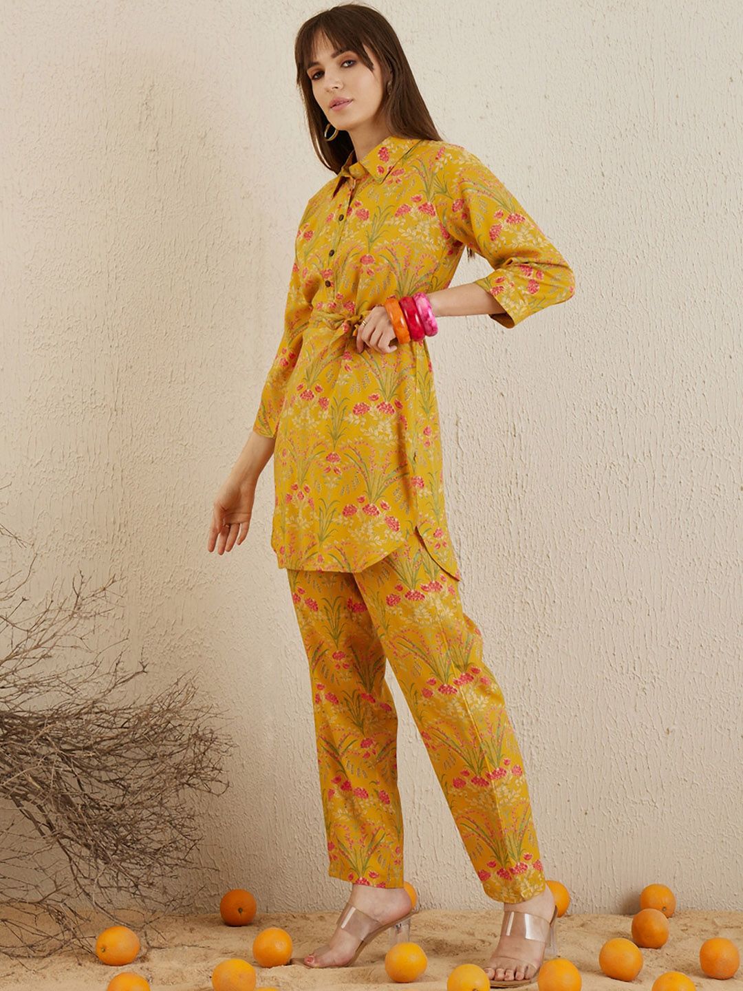 Dhiyona IE Mustard Printed Tunic With Trousers