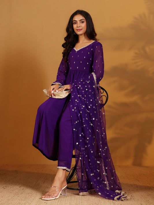 Dhiyona VA Women'sFloral Embroidered Sequnnied Silk Georgette Anarkali Kurta With Trousers & Dupatta