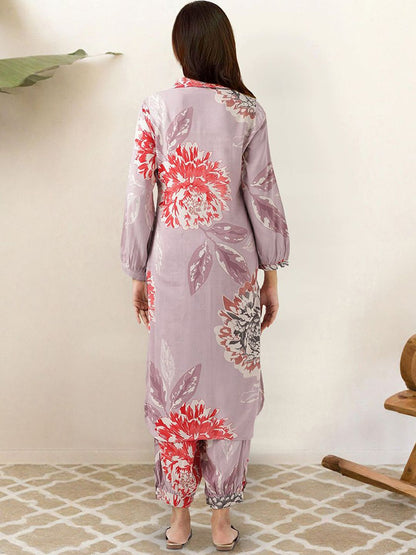 Dhiyona IS Women's Floral Printed Shirt Collar Straight Kurta With Trousers