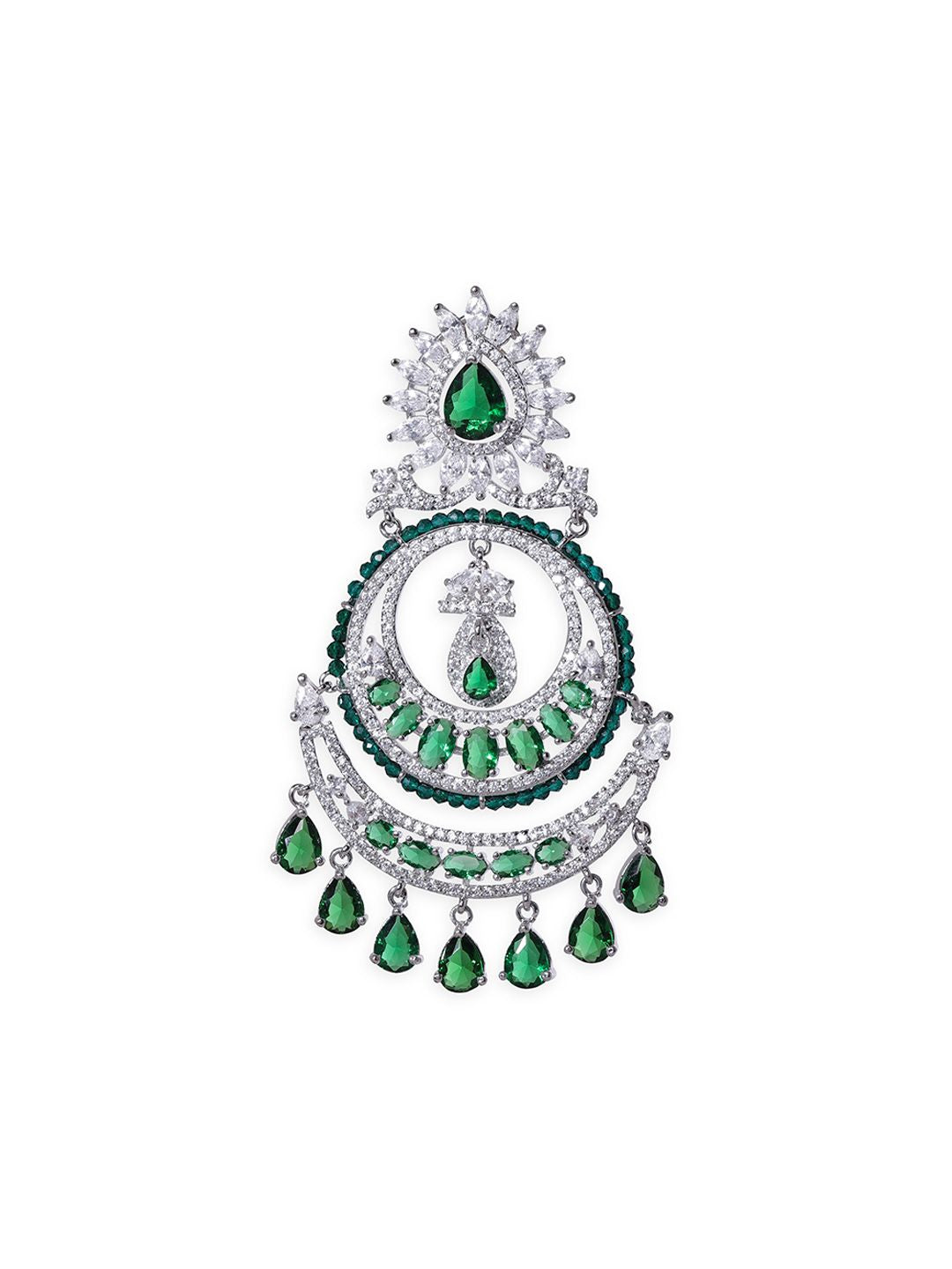 Dhiyona RJ Women's Premium Rhodium Plated AAA Cubic Zirconia & Emerald Studded Chandelier Earrings