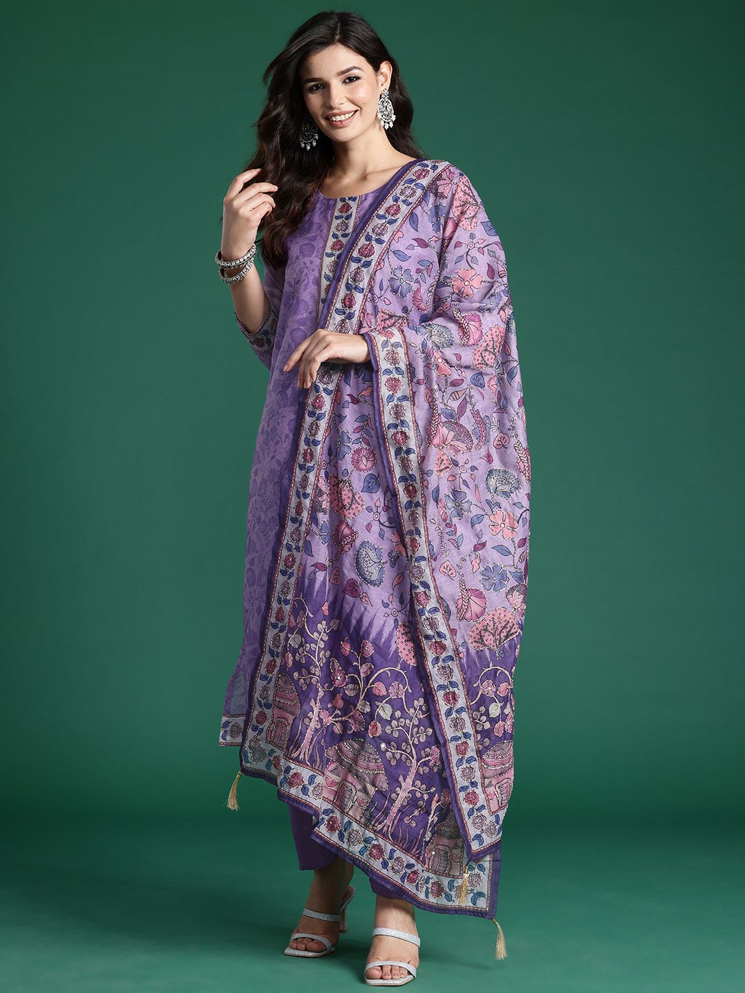 Floral Printed Beads & Stones Chanderi Silk Kurta With Trousers & Dupatta