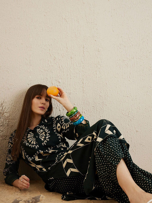 Dhiyona IE Printed Three-Quarter Sleeves A-Line Tunic With Trouser