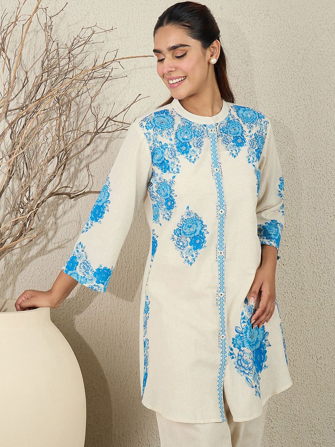 Dhiyona IE Printed Pure Cotton Mandarin Collar Neck Top With Palazzos Co-Ords