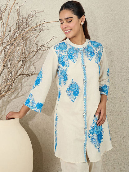 Dhiyona IE Printed Pure Cotton Mandarin Collar Neck Top With Palazzos Co-Ords