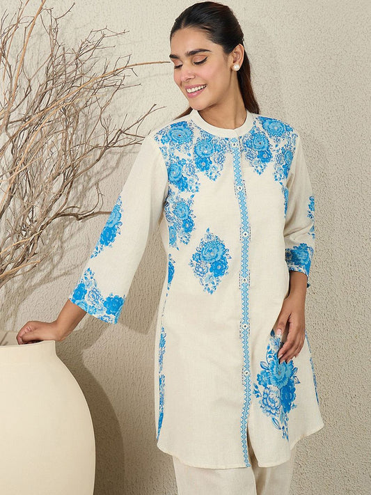 Dhiyona IE Printed Pure Cotton Mandarin Collar Neck Top With Palazzos Co-Ords